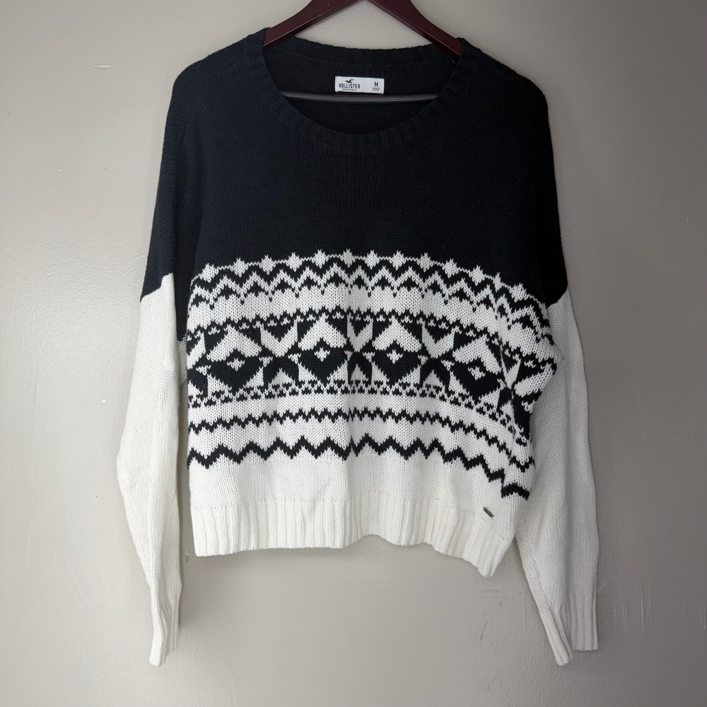 Hollister Womens Black White Fair Isle Geometric Knit Crewneck Sweater Size M